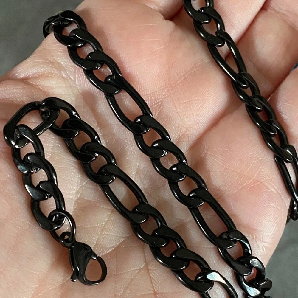Men's Black Enamel Figaro Necklace Stainless Steel Chain! NEW 24